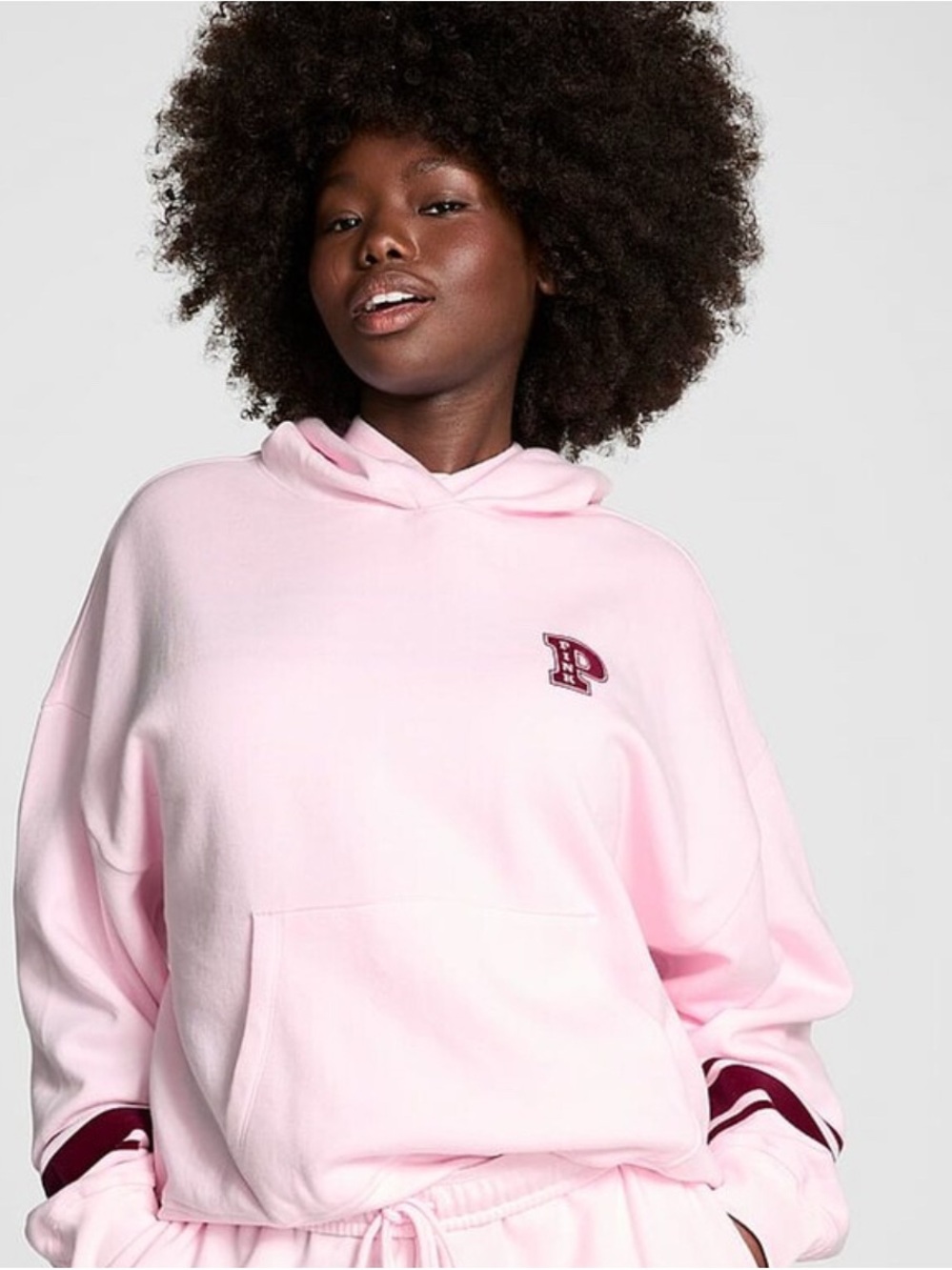 PINK Victoria's Secret Light Pink Hooded Pullover with Maroon Trim